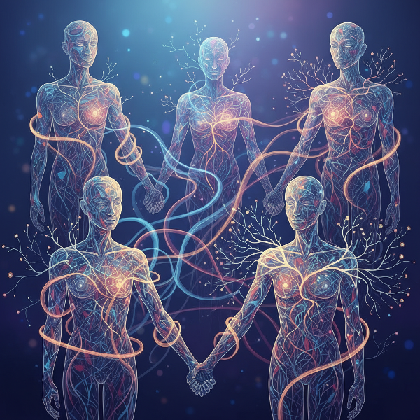 Uma imagem abstrata mostrando uma rede de linhas de luz conectando silhuetas humanas, representando os laços emocionais e a complexidade dos relacionamentos.