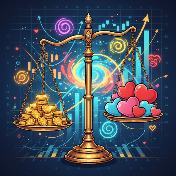 Uma ilustração que simboliza o equilíbrio entre emoções e finanças, mostrando uma balança com moedas e corações sobre gráficos.