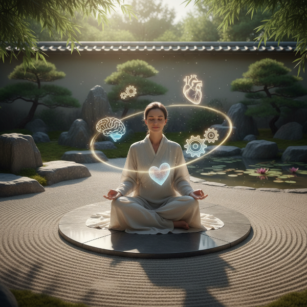 Imagem de uma pessoa em estado meditativo, cercada por símbolos que representam os componentes da inteligência emocional: autoconhecimento, empatia e equilíbrio.
