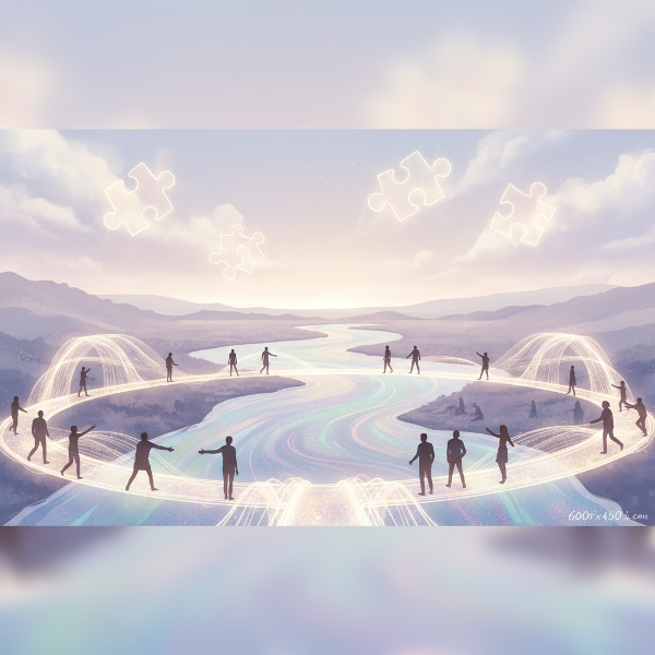 Pessoas conectadas por pontes luminosas sobre um rio, simbolizando a construção de relacionamentos e a gestão de emoções em grupo.