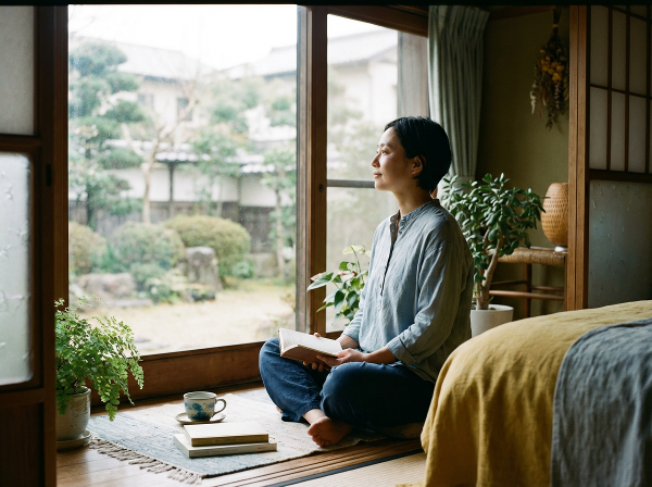 Imagem de uma pessoa em contemplação, cercada por elementos visuais que simbolizam emoções e harmonia interior.