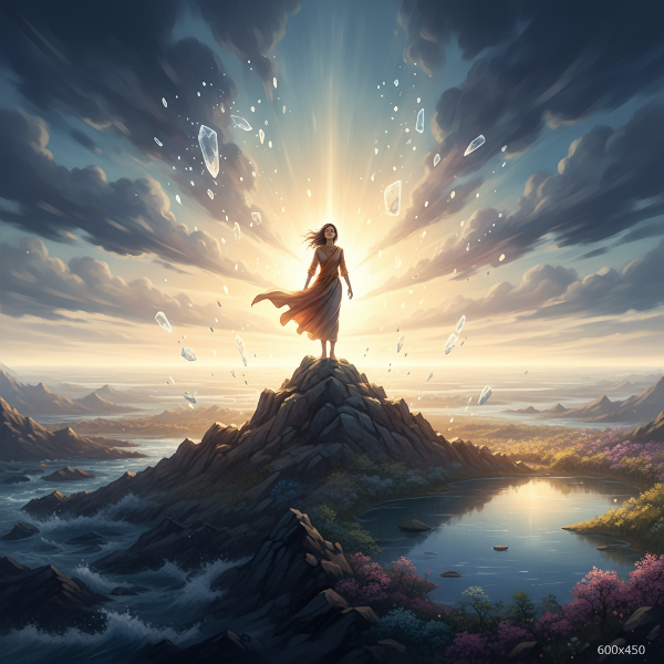 Imagem simbólica de resiliência emocional, mostrando uma figura em paz interior enquanto supera desafios, com elementos visuais que representam adversidade e recuperação.