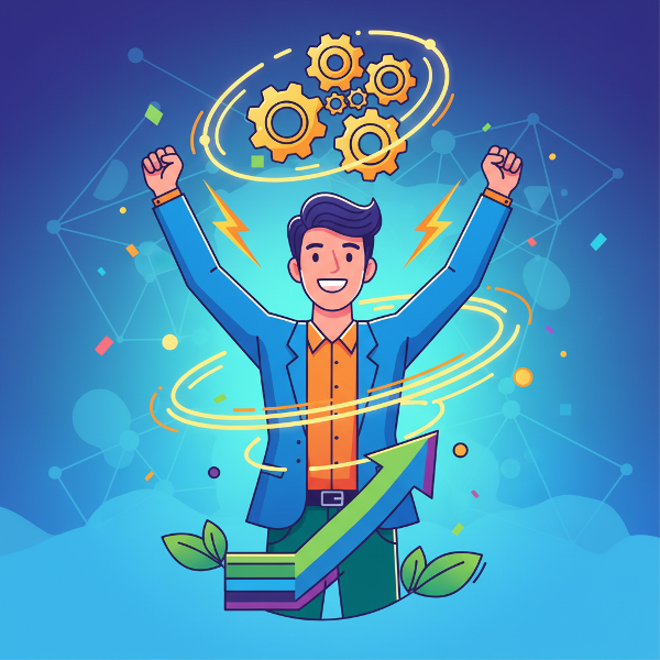 Uma ilustração mostrando uma pessoa profissional no centro, rodeada por símbolos de energia, engrenagens que representam contribuição e sinais de crescimento, com cores vibrantes que transmitem vitalidade e alinhamento.