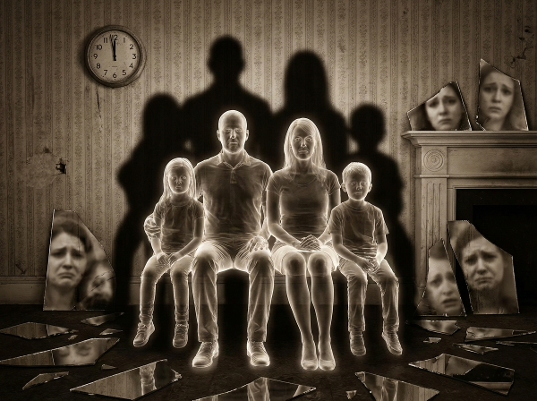 Um retrato familiar etéreo com figuras parcialmente transparentes e espelhos quebrados refletindo emoções ocultas, simbolizando verdades não ditas e silêncios entre gerações.