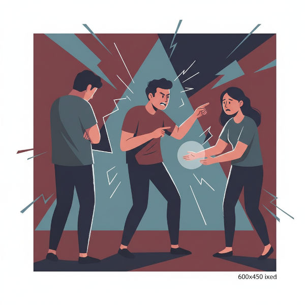 Ilustração estilizada de uma família em conflito, mostrando três reações distintas: evitar, confrontar e mediar, simbolizando diferentes estratégias emocionais.