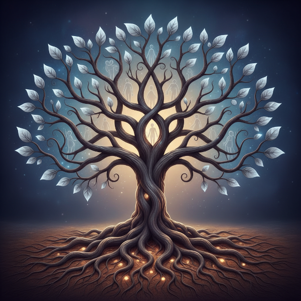 Imagem de uma árvore genealógica estilizada, com raízes firmes e galhos que se conectam e se separam, representando as influências familiares e a busca por vínculos saudáveis e independência.