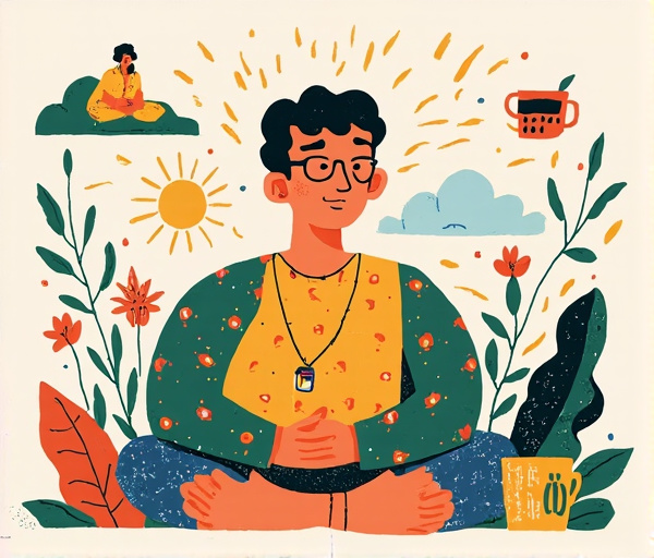 Imagem divertida e colorida mostrando uma pessoa relaxada com ícones de atividades que recarregam a energia mental, como ler, meditar e tomar café.