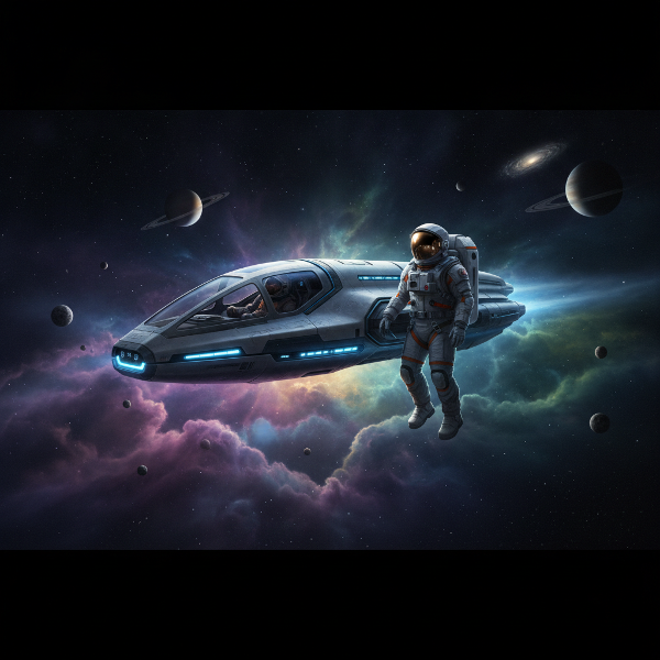 Ilustração de uma nave espacial em uma nebulosa colorida com planetas e um astronauta olhando para o espaço.