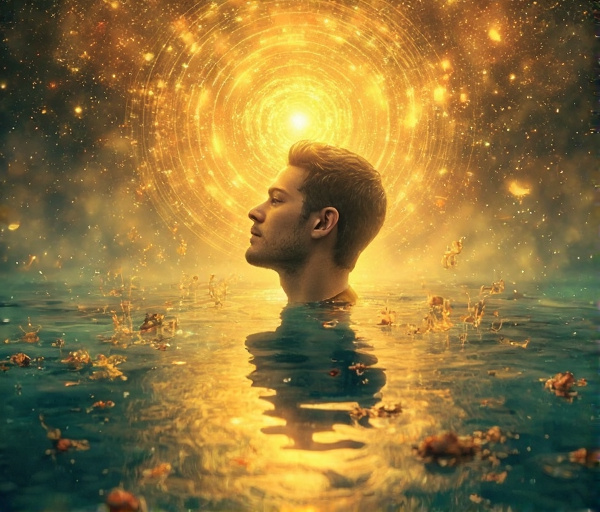 Imagem surrealista de uma figura humana em pose meditativa diante de um espelho, onde seu reflexo mostra a versão mais autêntica, cercada por elementos que representam escolhas e valores.