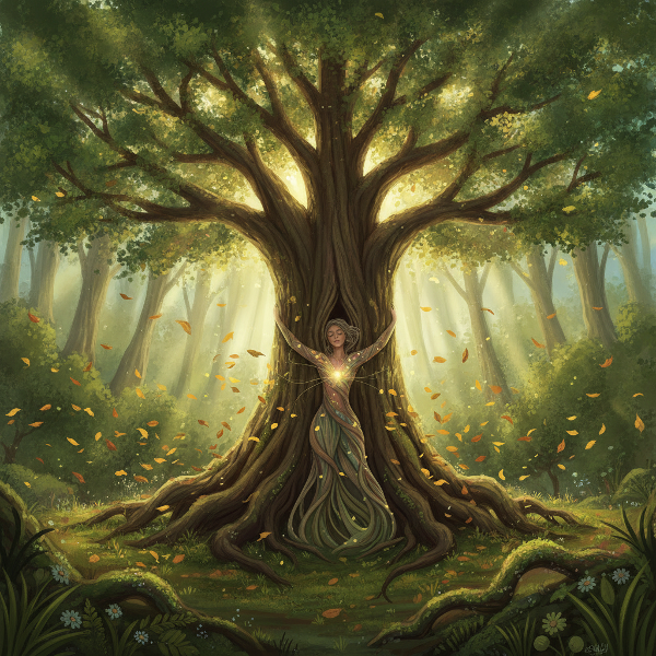 Uma pessoa abraça uma árvore em uma floresta cheia de vida, com luz natural e folhas ao redor, transmitindo harmonia entre ser humano e natureza.