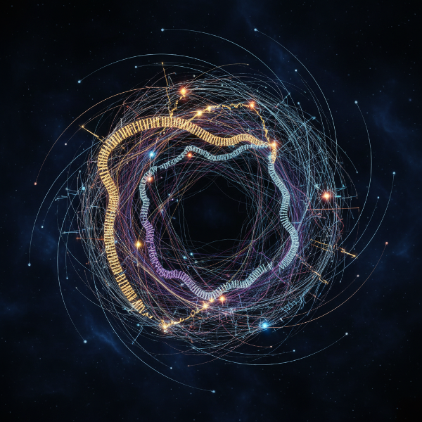 Imagem abstrata que simboliza conexões humanas, mostrando padrões de relacionamento, comunicação e vínculos emocionais através de formas e cores que se entrelaçam.