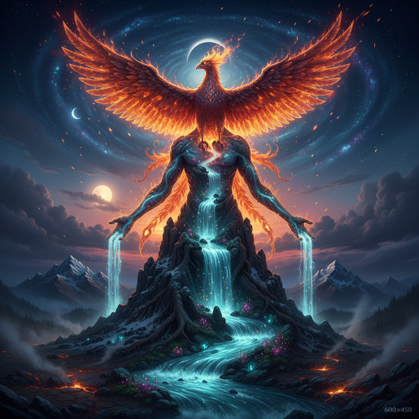 Uma imagem simbólica que funde uma montanha sólida, um rio fluente e uma fênix renascendo para representar identidades ancorada, fluída e em metamorfose.