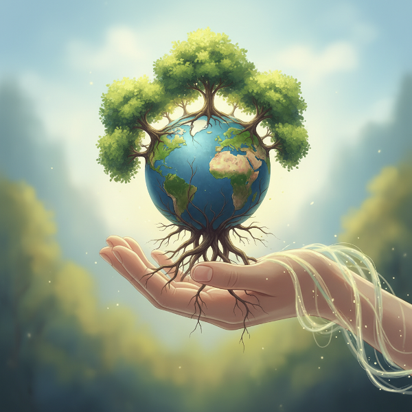 Ilustração simbólica de uma mão segurando o planeta Terra, com elementos naturais como árvores e raízes integrados, representando a conexão entre saúde mental e ambiental.