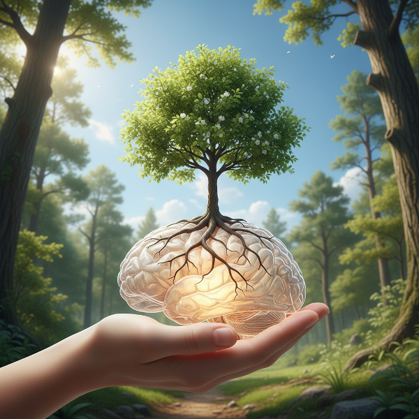 Ilustração simbólica mostrando a conexão entre a mente humana e a natureza, com uma árvore crescendo a partir de uma mão e suas raízes ligadas a um cérebro, representando a biofilia e o equilíbrio interior.