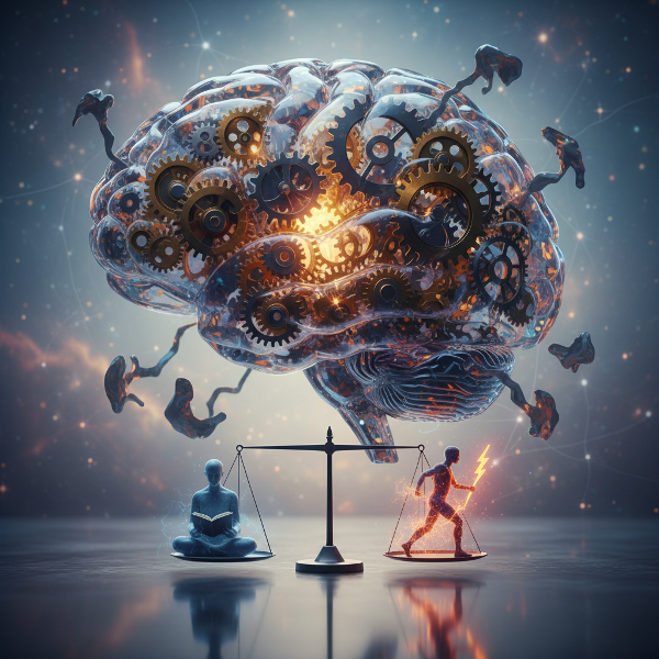 Ilustração de uma mente humana com engrenagens internas e filtros de luz, representando processos cognitivos, vieses como sombras distorcidas e o equilíbrio entre pensamento profundo e ação.