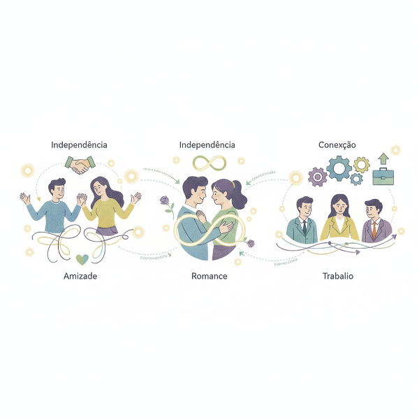 Imagem mostra três cenas: dois amigos conversando, um casal abraçado e colegas de trabalho colaborando, com ícones como coração, mão e gráfico.