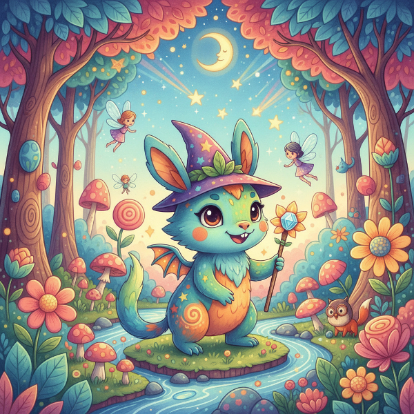 Uma ilustração colorida e mágica mostrando uma criatura encantada em uma floresta fantástica, representando a diversão e mistério do teste de personalidade.