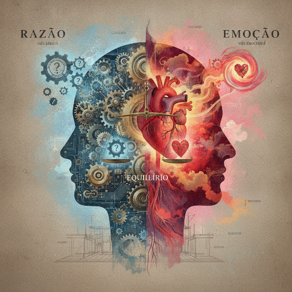 Imagem com um cérebro metade lógico, metade emocional, com símbolos de vieses e balança.