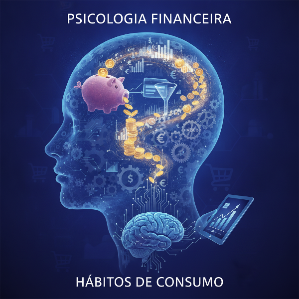 Imagem abstrata mostrando uma cabeça humana em perfil com engrenagens, moedas e gráficos de finanças ao redor, simbolizando a relação entre mente e dinheiro.