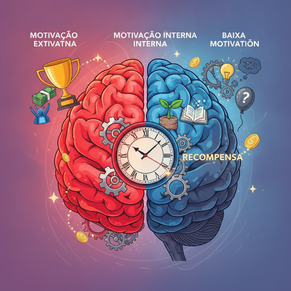 Imagem estilizada de um cérebro com engrenagens coloridas representando os três perfis motivacionais, com ícones de troféu, livro e ampulheta ao redor.