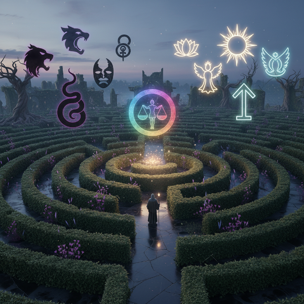 Um labirinto místico com símbolos arquetípicos brilhantes flutuando acima de seus caminhos, representando a jornada interior da psique através da sombra e da luz.