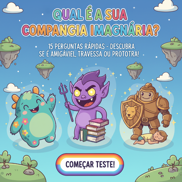 Ilustração colorida e divertida em estilo cartoon representando três tipos de companhia imaginária: uma figura amigável, uma travessa e uma protetora, com elementos de teste online.