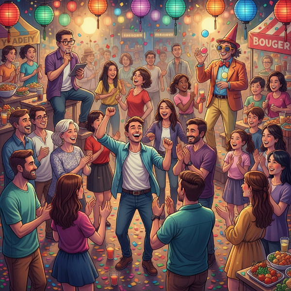 Ilustração vibrante de uma festa mostrando três arquétipos sociais interagindo em um ambiente descontraído e divertido.