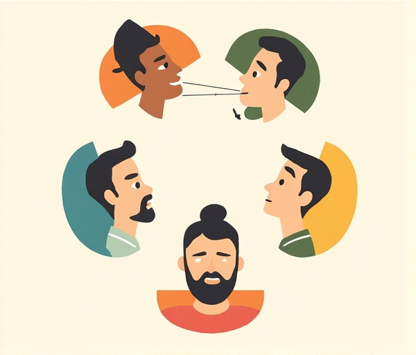 Uma roda de pessoas com expressões variadas: algumas buscam harmonia, outras impõem opinião e outras evitam o confronto, representando cooperação e assertividade.