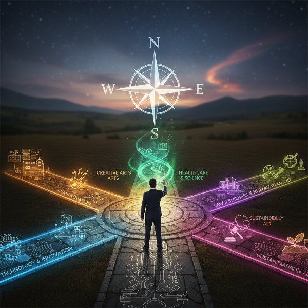 Uma pessoa em uma encruzilhada com vários caminhos de carreira brilhando em cores diferentes, simbolizando habilidades, valores e oportunidades profissionais.