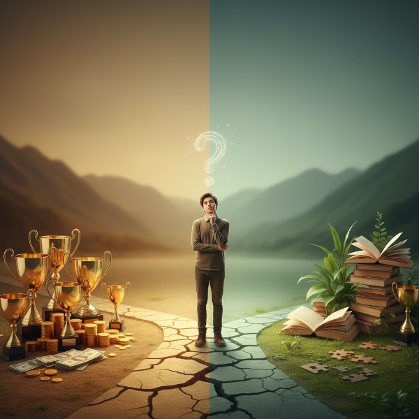 Ilustração simbólica de uma pessoa numa encruzilhada, representando a escolha entre motivação externa (recompensas) e interna (crescimento pessoal).