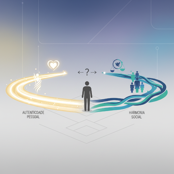 Ilustração conceitual mostrando uma pessoa em uma encruzilhada, representando a escolha entre autenticidade individual e conformidade social.