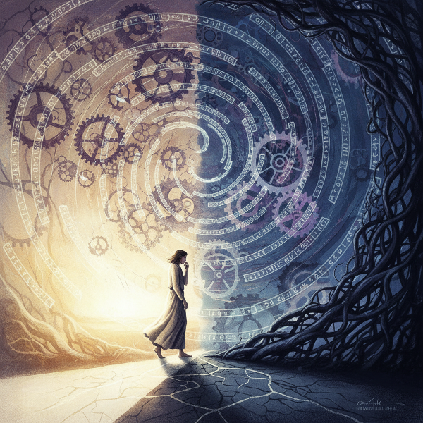 Uma pessoa na encruzilhada entre um caminho iluminado e um labirinto sombrio, com engrenagens representando padrões subconscientes ao fundo.
