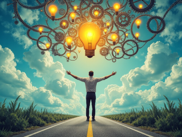 Uma pessoa em uma encruzilhada, com um caminho claro e lógico e outro sinuoso e intuitivo, cercada por engrenagens e lâmpadas flutuantes que simbolizam processos cognitivos e tomada de decisão.