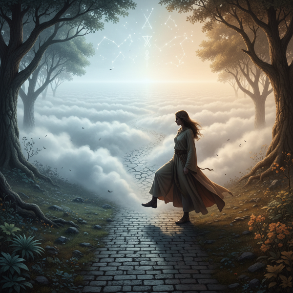 Uma pessoa na encruzilhada de múltiplos caminhos, com um pé no chão sólido e outro adentrando a névoa, simbolizando transições existenciais e a reconstrução de narrativas pessoais.