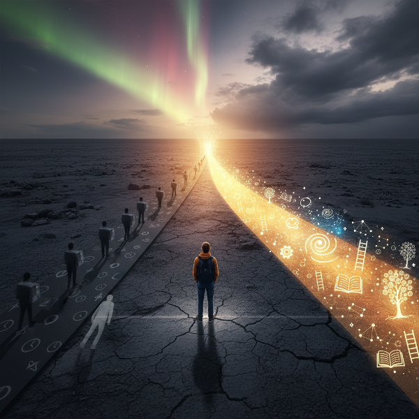 Uma pessoa em uma encruzilhada, com um caminho iluminado cheio de oportunidades e outro escuro e repetitivo, simbolizando a escolha consciente versus o modo piloto automático na vida.