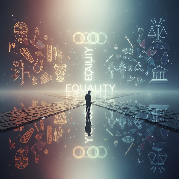 Uma imagem simbólica mostrando uma pessoa em uma encruzilhada de caminhos sociais diversos, com ícones abstratos de cultura, justiça e igualdade flutuando em um ambiente introspectivo e reflexivo.