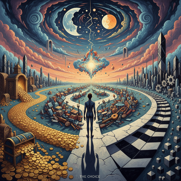 Uma pessoa em uma encruzilhada surreal onde três caminhos divergem, simbolizando as diferentes abordagens psicológicas em relação ao dinheiro: segurança, criatividade e controle.