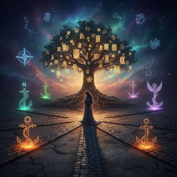 Uma imagem simbólica de uma pessoa em uma encruzilhada com múltiplos caminhos que levam a diferentes pontos cardeais, âncoras brilhantes e uma árvore de legado, em um estilo surreal e introspectivo.