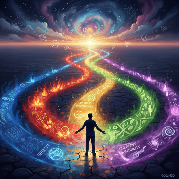 Uma pessoa em uma encruzilhada com vários caminhos coloridos e simbólicos se abrindo à sua frente, representando escolhas de vida guiadas por valores internos.