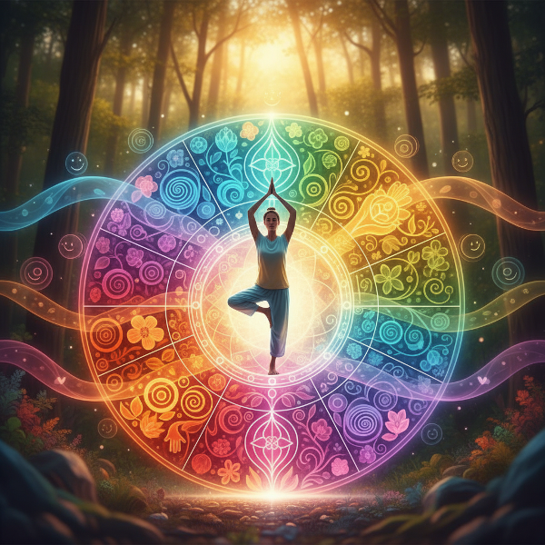 Imagem de uma pessoa em equilíbrio dentro de uma mandala colorida, simbolizando harmonia emocional, crescimento e resiliência nos diversos domínios da vida.