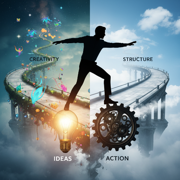 Imagem simbólica mostrando o equilíbrio entre geração de ideias criativas (representada por uma lâmpada) e execução prática (representada por engrenagens), com caminhos divergentes ao fundo.