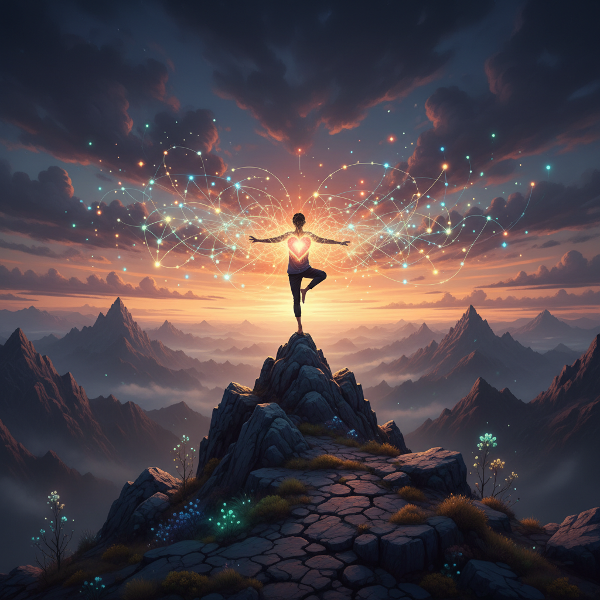 Imagem simbólica de uma pessoa em equilíbrio sobre uma montanha, com um coração radiante e uma rede de conexões sociais brilhantes, representando bem-estar subjetivo, crescimento pessoal e resiliência.