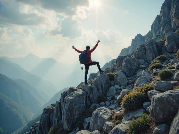 Uma pessoa escalando uma montanha com resiliência e força emocional, superando obstáculos com determinação e adaptabilidade, em uma jornada simbólica.