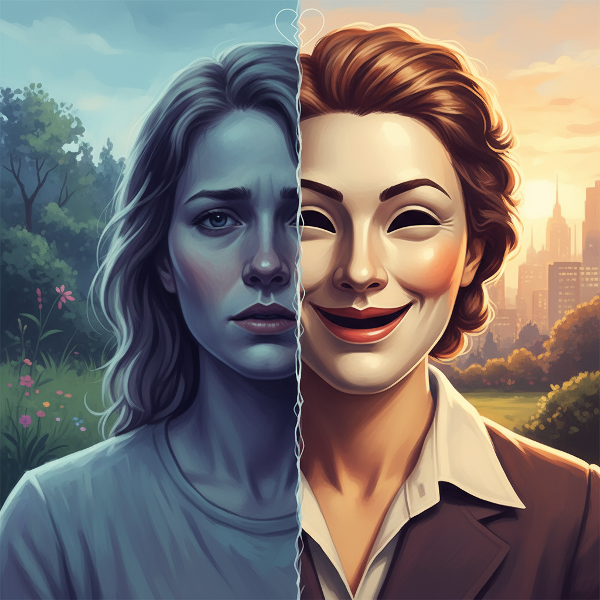 Uma ilustração mostrando uma figura humana com metade do rosto mostrando sua verdadeira essência e a outra metade usando uma máscara social, com fundo dividido entre cores quentes e frias.