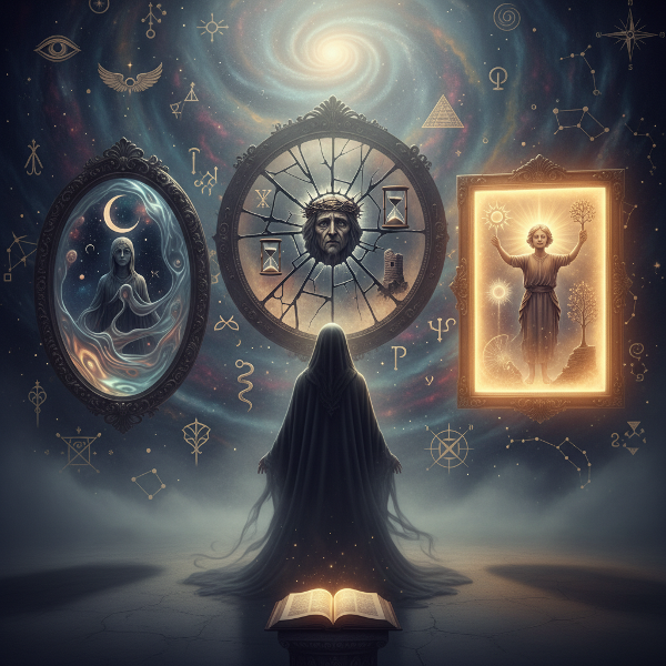 Uma pessoa contempla três espelhos arquetípicos - quebrado, dourado e de mercúrio - em um cenário surreal repleto de símbolos do inconsciente coletivo.