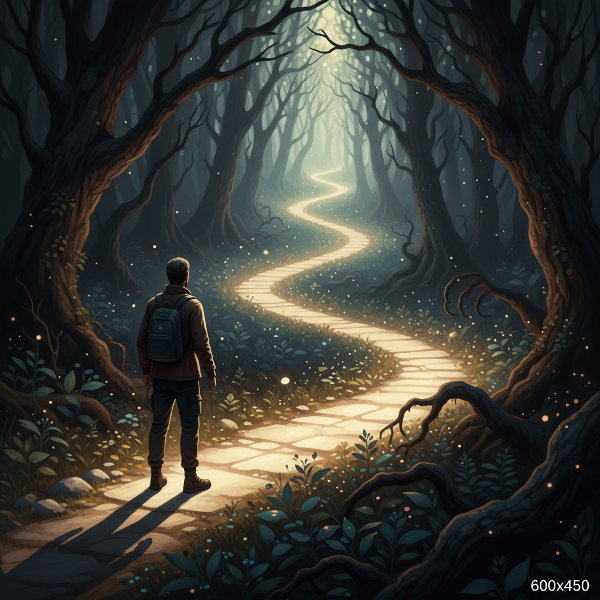 Imagem simbólica de uma pessoa em uma floresta densa, onde um caminho iluminado se abre à frente, representando a jornada da adversidade em direção ao crescimento e equilíbrio emocional.