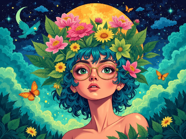 Uma ilustração mostrando uma figura humana em sintonia com elementos naturais, como árvores e rios, com símbolos abstratos de saúde mental e conexão planetária se fundindo à cena.