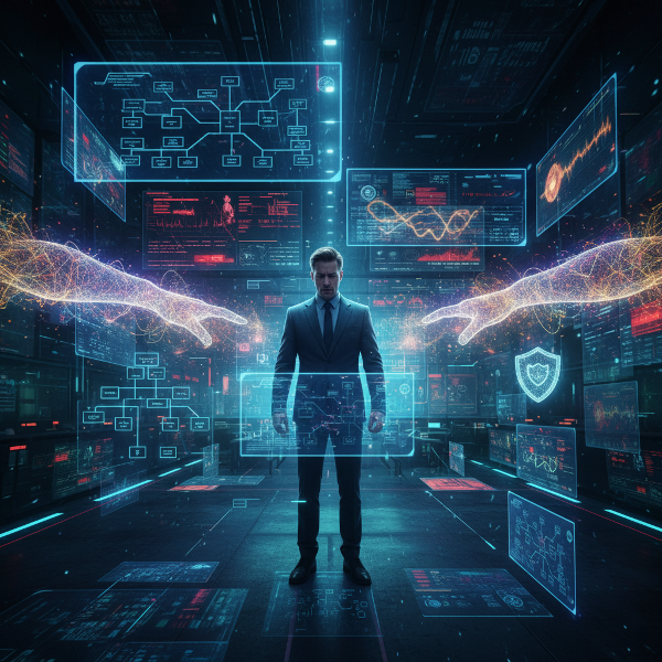 Imagem de uma pessoa em um ambiente de alta pressão, com elementos visuais que representam diferentes estilos de tomada de decisão: lógica, intuição e busca por apoio.