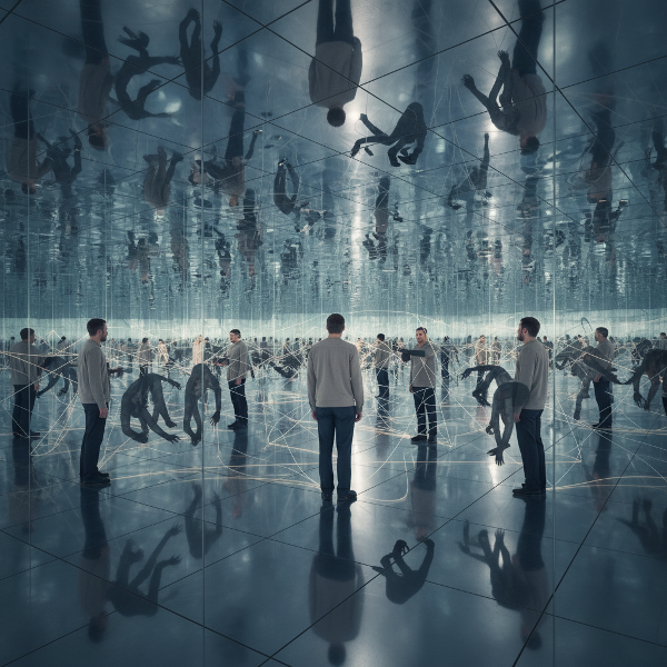 Uma pessoa no centro de um labirinto de espelhos, onde seus reflexos mostram ações repetitivas e sombras de hábitos inconscientes a cercam, simbolizando a busca por autoconhecimento.