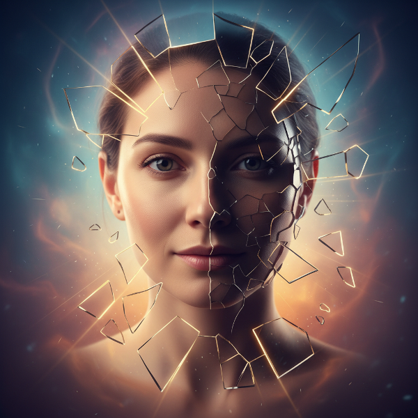 Uma imagem simbólica mostrando a dualidade entre o eu aceito e o eu ignorado, com um espelho quebrado em processo de reconstrução, representando a integração e resiliência.